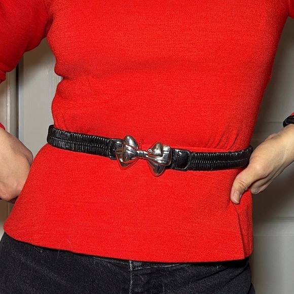 Vintage‎ 80s Black Elastic Waist Belt with Sculptural Silver Bow Buckle main image 7